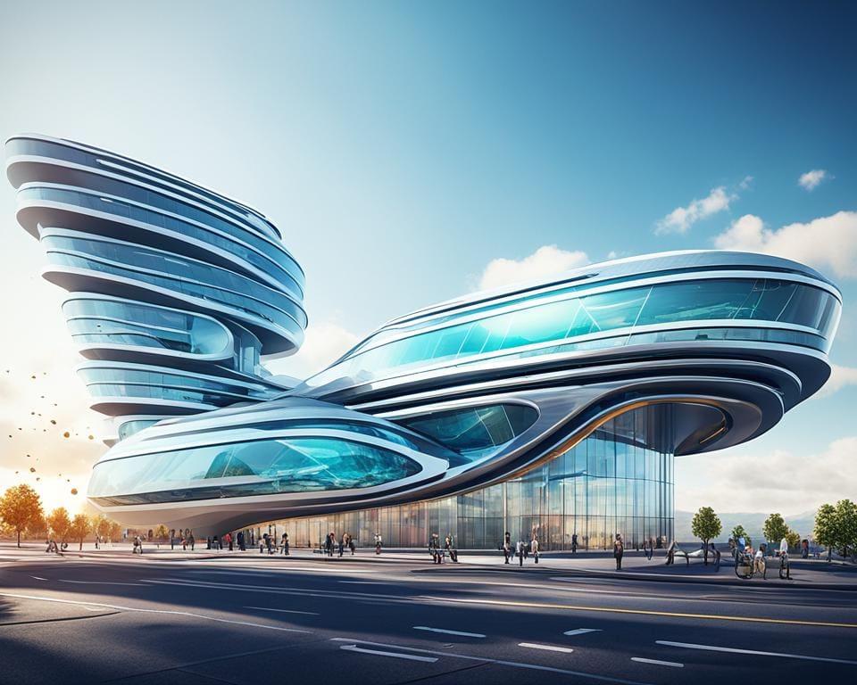 3D visualisatie van een futuristisch gebouw