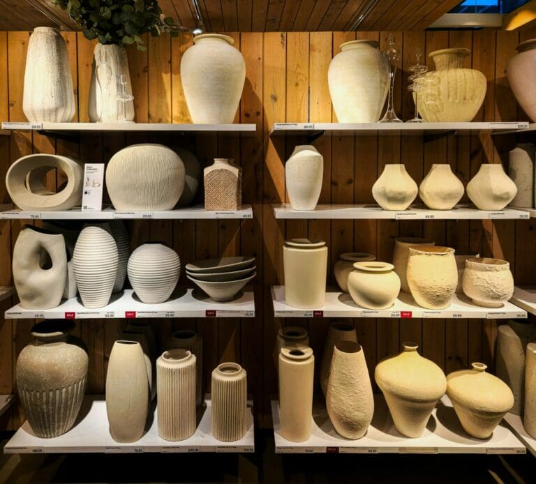 Winkelschappen met een collectie vazen in verschillende vormen